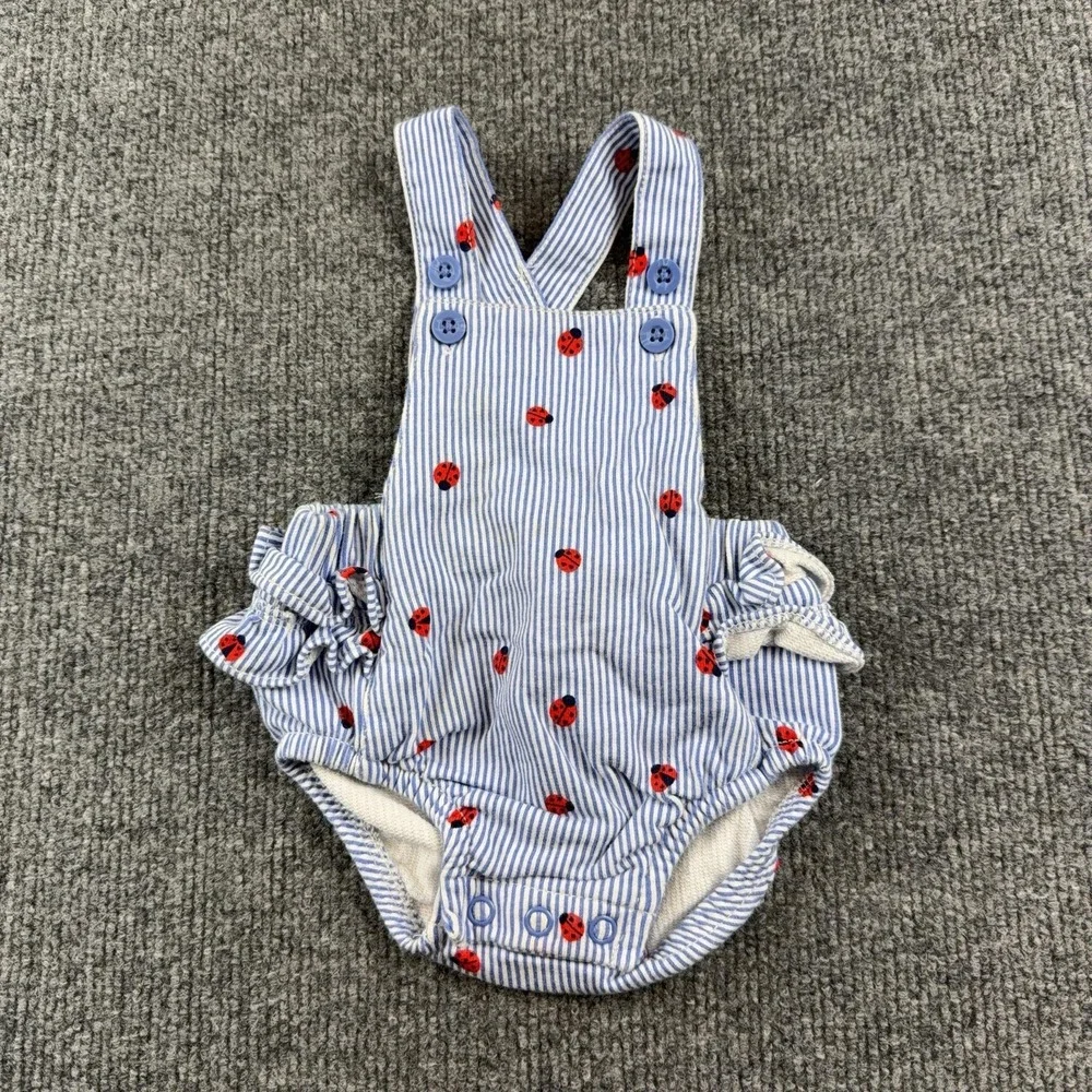 Carter's Romper Girls Newborn Blue Striped Ladybug One Piece Ruffle Straps